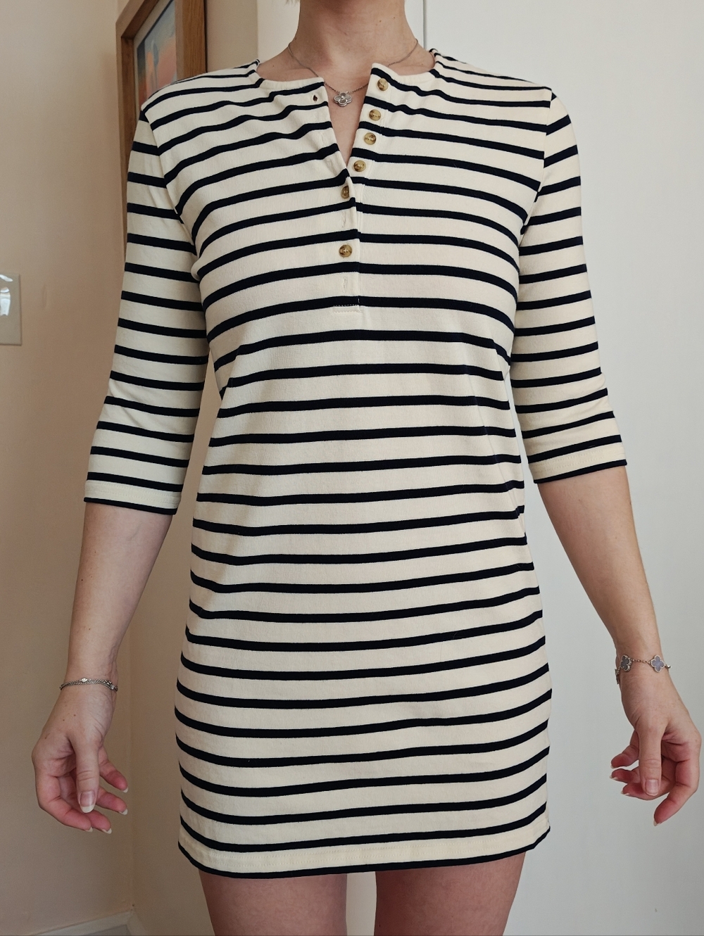 Striped Black and White Midi Dress with Henley Buttons